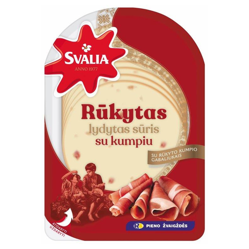 Lydytas rūkytas sūris SVALIA su kumpiu, 150g, 45% rieb., raikytas