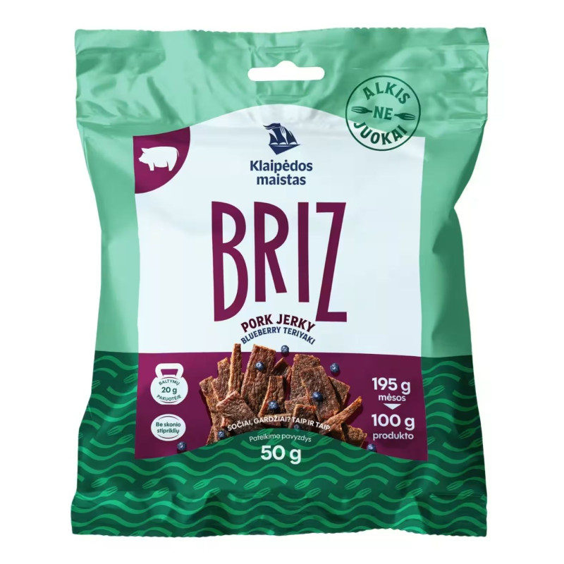 Vytintos terijakio ir mėlynių skonio kiaulienos juostelės Briz, 50g