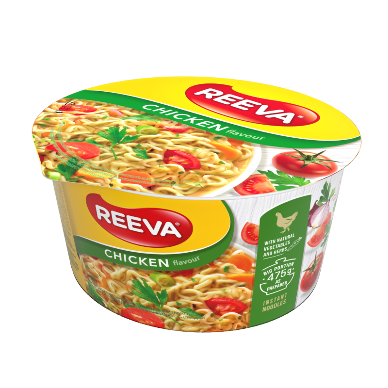 Greitai paruošiami makaronai Reeva  vištienos skonio indelyje, 75g
