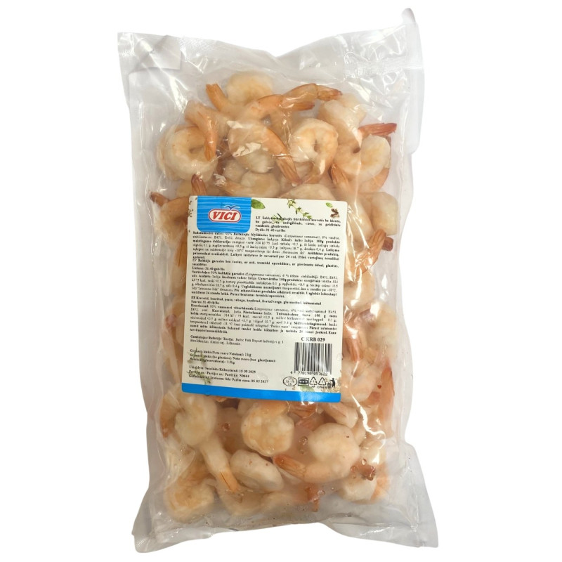 Baltakojės blyškiosios krevetės be kiauto virtos grynasis svoris be glazūros 800g, 1kg