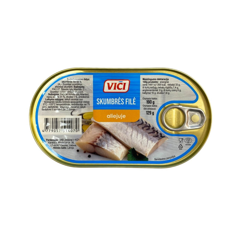 Skumbrės filė aliejuje Viči, 190g/129g