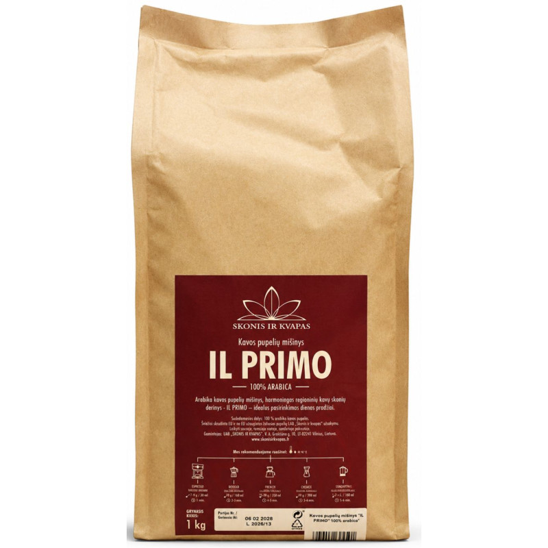 Kavos pupelių mišinys IL PRIMO 100% arabica, 1kg
