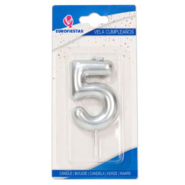 Žvakutė-skaičius "5" sidabro spalvos