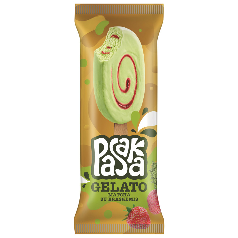 Ledai"Pasaka gelato" 90ml/64g su žaliąja arbata Matcha ir braškiu įdaru