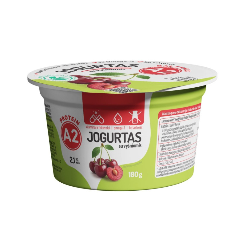 Jogurtas iš A2 pieno be laktozės su vyšniomis  (2.1%), 180g