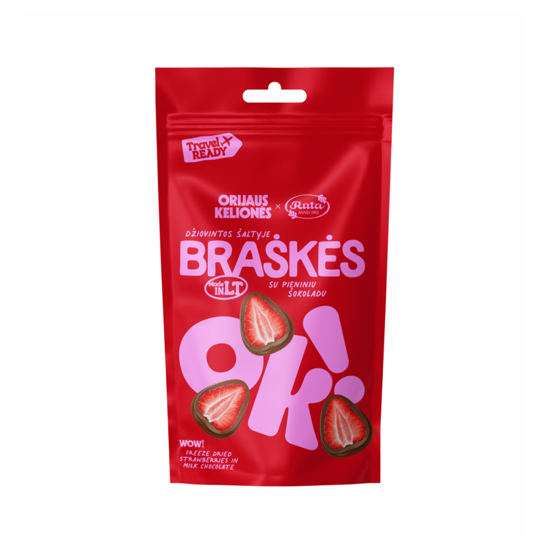 Džiovintos šaltyje braškės su pieniniu šokoladu ORIJAUS KELIONĖS, 80 g